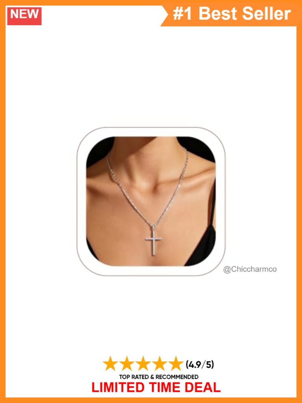 Cubic Zirconia Cross Pendant Necklace Silver Plated 20+2" Adjustable